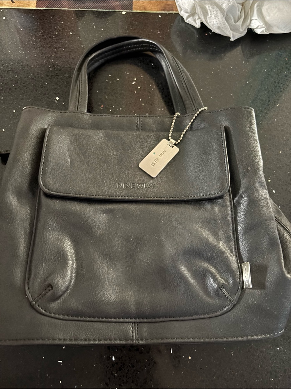 Nine West Black Leather Tote with Front Flap Pocket